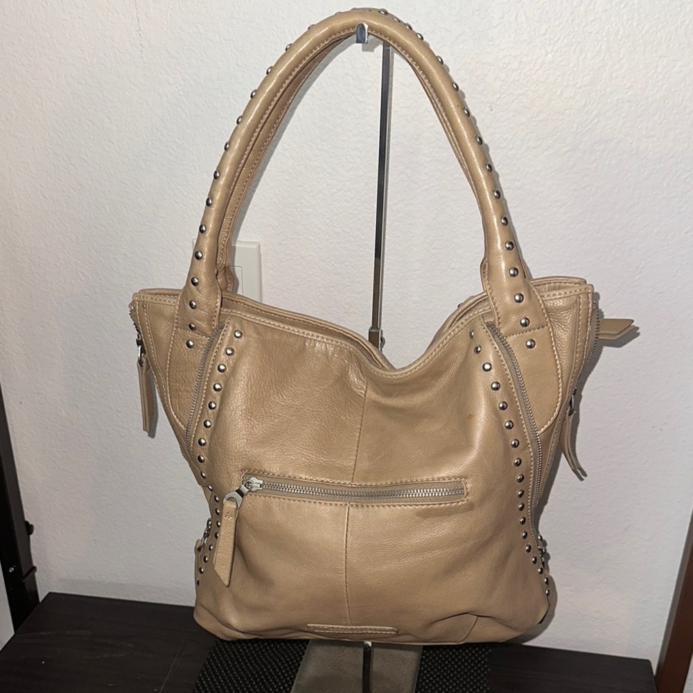 SOLD: Christopher Kon Beige Studded Leather Handbag - Picture 1 of 8